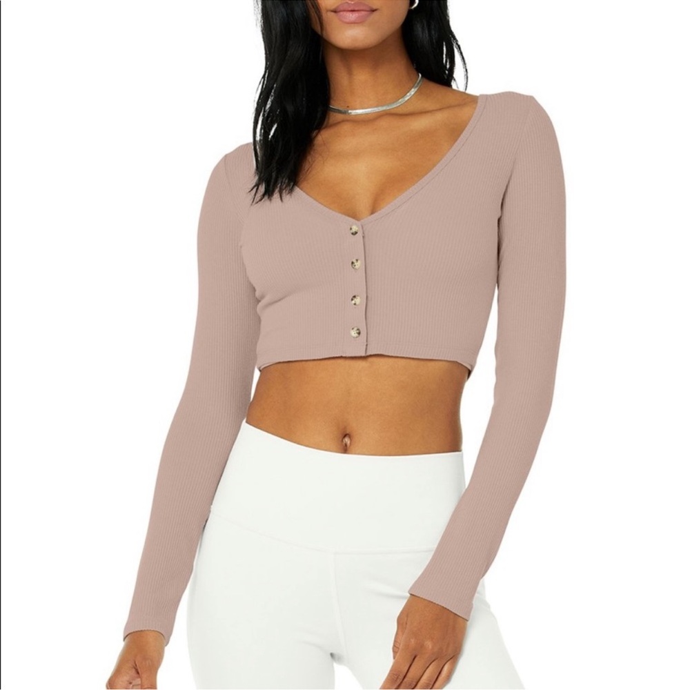 NWT Alo Ribbed Cropped Whisper Cardigan dusty rose size xs